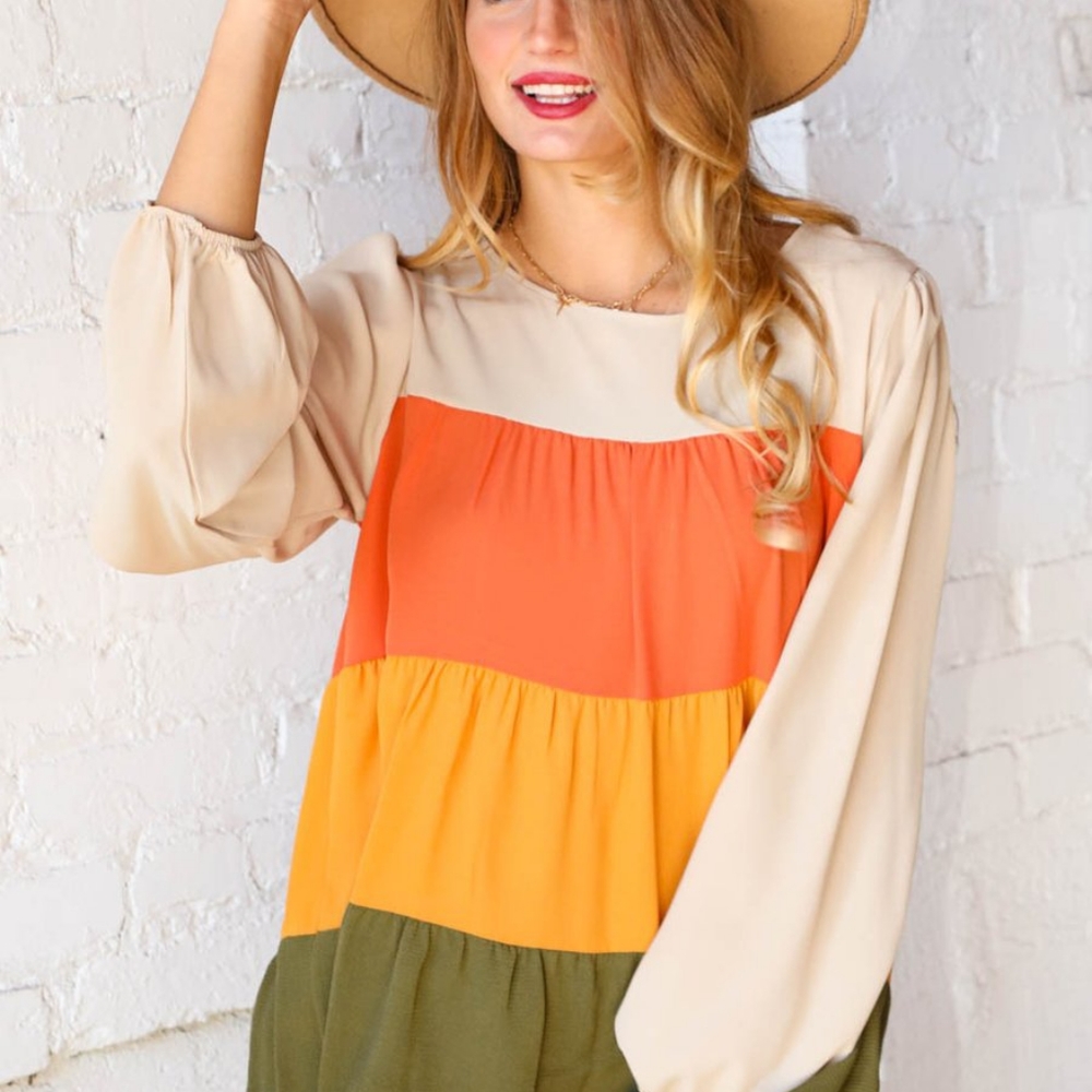 COLOR BLOCK TIERED BUBBLE SLEEVE WOVEN TOP